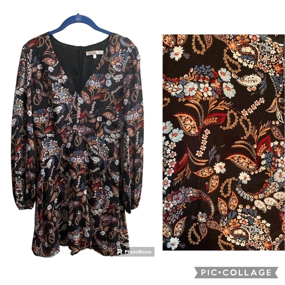 Wayf Malone  Paisley Black Floral V-Neck Mini Swing Dress Size Small Fall